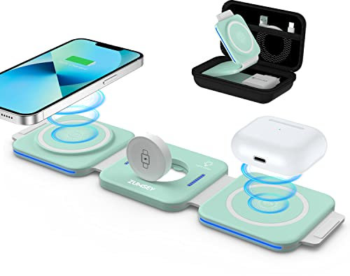 ZUMSEY Cargador Inalambrico Plegable 3 en 1, Magnético Cargador Compatible con iPhone 15 14 13 12 Pro MAX/Plus/Mini, Travel Wireless Charger para Apple Watch 9/Ultra 2/8/7/SE/6/5/4, AirPods 3/2/Pro