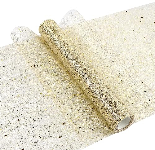 Yeahshion Tischläufer Metallic Gold 28 cm x 5 m, Netz-Tischläufer mit Goldenen Pailletten für Weihnachtsdekoration, DIY, Verpackung, Party, Hochzeit, Geburtstag