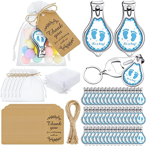Minatee 50 Set Baby Shower Bottle Opener Favors Nail Clipper Bottle Opener Keychain Baby Shower Thank You Gifts for Guest Gender Reveal Favors(Boy Foot)