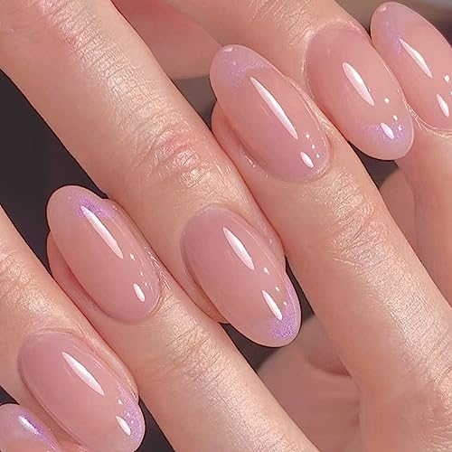 24 Pièces Amande Faux Ongles Moyen Français Press on Nails avec Autocollant Adhesif Couverture Complète Naturel Ongles à Coller Artificiels pour Femme et Fille DIY Manucure (Rose Nude)