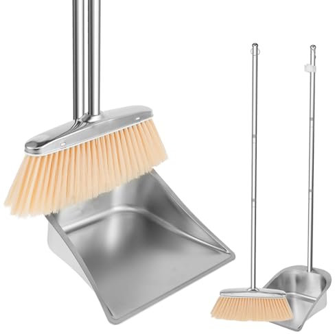 Fyeme Juego de escoba y recogedor con mango largo, 118 cm, con recogedor giratorio, acero inoxidable, metal, juego de escoba para dormitorio, salón (cuadrado)