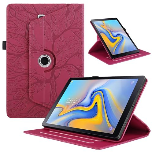 TEDTIKJT Coque pour Tablette Samsung Galaxy Tab A 10.5 2018 Étui Rouge | SM-T590/T595 Housse PU Cuir 360°Rotatif Multi-Angle Support Protection Flip Étui Arbre de Vie, Bande élastique Fente Stylo