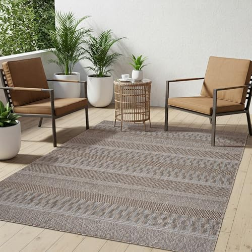 TAPISO Melissa In & Outdoorteppich Braun Quadrate Streifen 80 x 150 cm | UV-Resistent strapazierfähiger Teppich mit Sisaloptik für Küche Flur Wohnzimmer Balkon Terrasse Modern OEKO-TEX