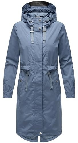 Navahoo Damen Leichter Übergangsmantel Kurzmantel lang mit Verstellbarer Kapuze Silberperlee Dusty Blue Gr. XL