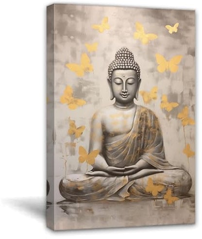ZQQART Zen Wandbild auf Leinwand Buddha Gemälde Druck Retro Buddha und goldene Schmetterlinge Bilddrucke Moderne Meditationsraumdekoration(Buddha D,40x60cm)