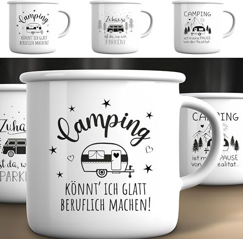 Kaffeebecher | 13x9x9cm Emaille Eisen Metall weiß 450 ml | Henkelbecher mit Motive (1 x 3er Set Kaffeebecher Camping)