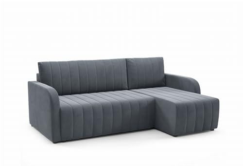 LIKMA Ecksofa Otto L-Form 224 cm Dunkelgrau Moderne Sofas & Couches - Velvet Sofa mit Schlaffunktion - Schlafsofa mit Bettkasten - Wohnlandschaft mit Bettzeugbehälter, Stoff: Jasmine 96