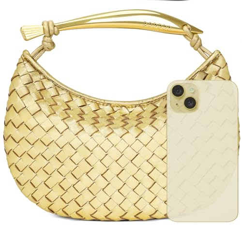 Gewebte Tragetasche für Damen, modisch, PU-Leder, gewebte Tasche, Hobo, Hobe, Knödeltasche, Abendessen, Handtasche, Gold, Medium
