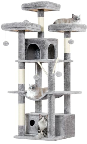 MSmask Grand Arbre à Chat avec 3 Plate-Formes, 2 Niches, Hamac, Bâtons Amovibles avec Pompons, Tour d'escalade Stable avec 4 Poteaux en Sisal, Multi-Niveau Hauteur 158 cm, Tissu Peluche, Gris Clair