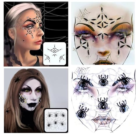Tatuajes Halloween Pegatinas Cara Gemas Faciales Adhesivas 2 Piezas Temporales Calcamonias Brillantes Festival Araña Negra Maquillaje para Carnaval, Día de los Muertos, Mascaradas