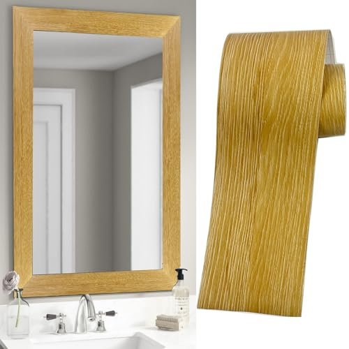 DESOMINOR Borde de madera amarillo de 11 yardas para despegar y pegar, borde de papel pintado de grano de madera, extraíble, impermeable, marco de espejo de baño adhesivo
