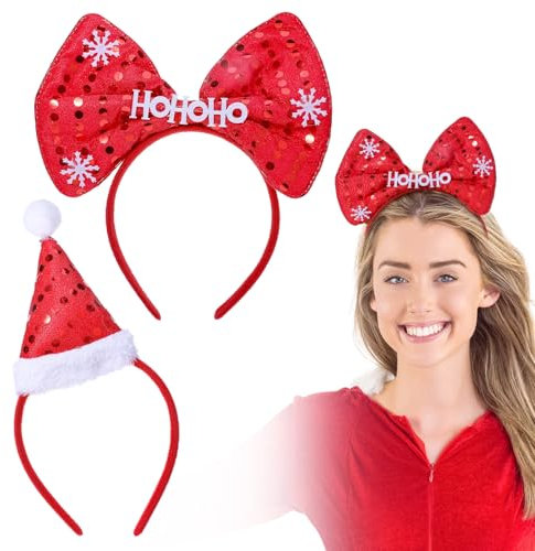 GEEHUA 2 Stück Haarreif Weihnachten, Weihnachtshaarreifen Erwachsene Weihnachtsfeier Weihnachts Haarreif Weihnachts Stirnbänder Weihnachtsmannmütze Rote Schleife Haarreif Für Weihnachtsparty