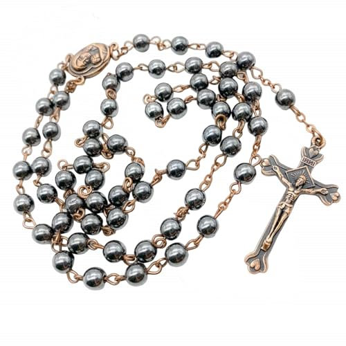 Kuesn 6mm Unisex-Adult Hematite Rosary Black Stone Beads Necklace with Jerusalem Holy Soil Cross Antique Religious Rosaries Beads Collection, Stone (Black Gold)
