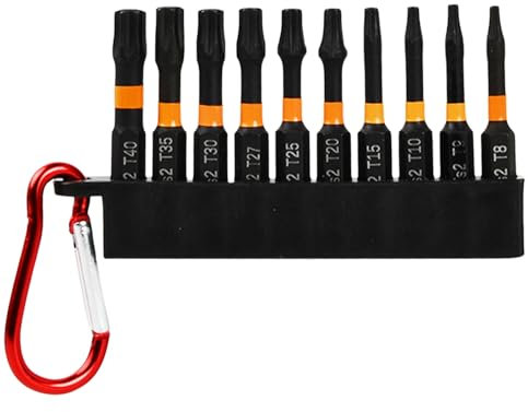 Juego de 10 Puntas de Destornillador Torx con Mosquetón, Puntas Destornillador Hexagonal, T8, T9, T10, T15, T20, T25, T27, T30, T35, T40, 50mm de Largo