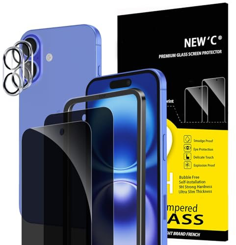 NEW'C 2 x Protector Pantalla privacidad para iPhone 16 (6,1 Pulgadas) y 2 x Protector Pantalla Protector de Lente de Cámara- Ángulo de Privacidad 28 Grados- Herramienta de instalación fácil incluida