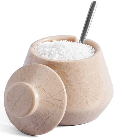 EARTHEN CRAFTS Vaso de sal pequeño con cuchara, Verona, 7,6 cm | Bote de sal de mármol hecho a mano con tapa y cuchara, 90 ml, para sal, azúcar y especias, decoración de cocina y regalo