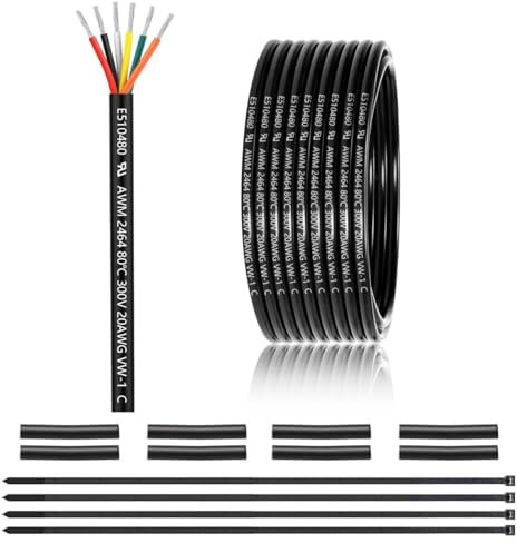20 AWG 6 x 0.5 mm² 6 Core Cable 7.62 Metres, 20 AWG 6 Core Wire Made of Tinned Copper, PVC 20AWG 6 Core for DC 5V/12V/24V, LED Lighting, Extension Cable, Car etc., CE Certification