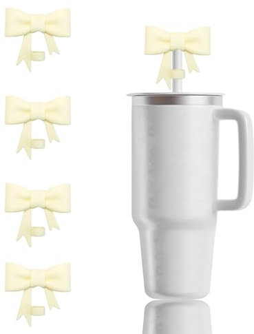 Bliceon 4 Pack White Bow Straw Covers Compatible with Stanley 30 and 40 oz Tumblers, Reusable Silicone Straw Toppers for Stanley Cup Accessories, Cute Cup Cap Toppers (White)