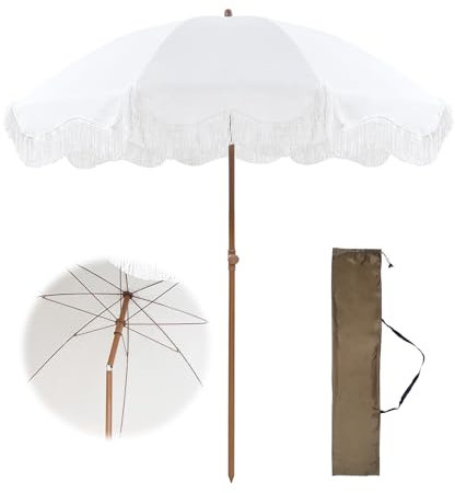 Sombrilla de playa blanca de 2 m con flecos, sombrilla de patio con inclinación y protección UV50+, impermeable y portátil, sombrilla de jardín para balcón, terraza, piscina, sombrilla al aire libre