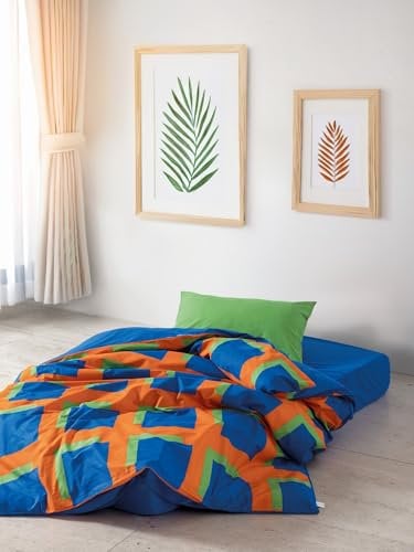 Nuit Des Rêves Ranforce Single Quilt Cover Set (135 x 200 cm), 100% Cotton, Blue/Green/Orange | Reactive Printing, Machine Washable, Envelope & Button Closure | Cozy & Stylish Bedding