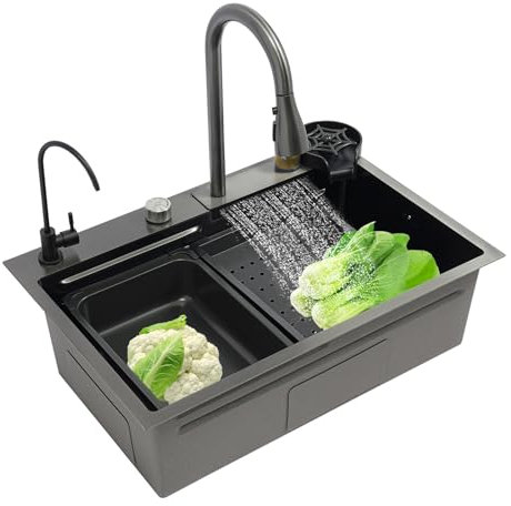 Lilyeriy Lavandino da cucina in acciaio inox con tecnologia Flying Rainfall, rubinetto estraibile, tagliere, lavatrice e scolapiatti, 68 x 45 cm