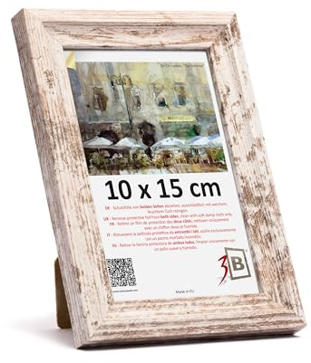 3-B Bilderrahmen MORI - Vintage-Weiß (Rustical mit sichtbarer Holzmaserung) - 10x15 cm - Holzrahmen, Fotorahmen, Portraitrahmen mit Acrylglas