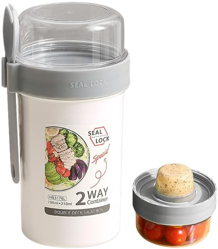 Ogetok Cereal Cup 2 in 1 Yogurt Pot to Go, Muesli Cup Granola Pot, Leakproof Overnight Oats Jar Breakfast Milk Storage Container with Salad Box & Spoon for Fruit Parfait Oatmeal, 760ml+230ml, White