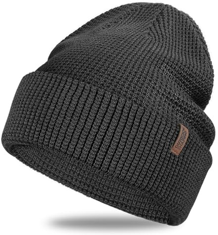 Outdoor Shaping Merino Wool Beanie Herren Damen - Warme Strickmütze mit Flip-Up Bündchen für Herren und Damen, Weiche Wintermütze mit Outdoor-Logo, Walkmütze Grau Schwarz