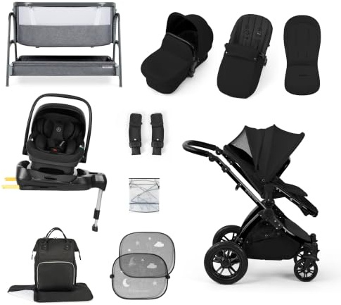 Ickle Bubba Luxe Pram, Nimbus Car Seat & Bedside Crib(Black/Midnight/Black) | 180° Spin ISOFIX Base, Convertible Pram and Pushchair, Birth to 22kg (Approx. 4 Years)