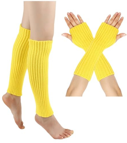 2 Paar Damen Beinstulpen Pulswärmer Stulpen Set Frauen Winter Crochet Stricken Lange Armstulpen Winter Warme Halbfinger Lange Gestrickt Beinwärmer Legwarmers Gestrickte für Yoga (Yellow, One Size)