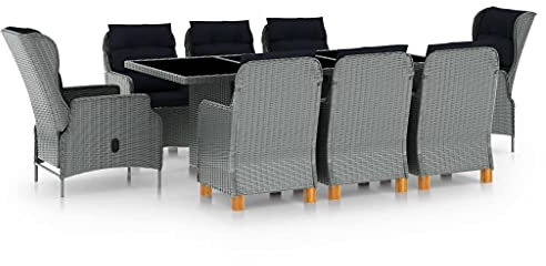 QJBSAVVA 9-TLG. Garten-Essgruppe Poly-Rattan hellgrau mit 8 verstellbaren Liegesesseln & 200 x 100 cm Glastisch klappbar und platzsparend für Balkon Terrasse oder kleine Outdoorecken