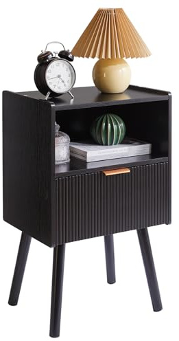 Aibiju Moderner Nachttisch mit Schublade, Nachttische im Mid-Century-Stil mit offenem Ablagefach, Nachtschrank mit Holzbeinen, kleine Beistelltisch für Schlafzimmer, Schwarz YD-TM061B