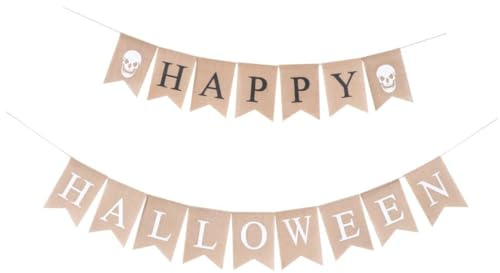 HOOTNEE 2 Stück Halloween Banner aus Leinen Hängedekoration Beige Verschleißfest Wiederverwendbar Party Deko für Fenster Tür Kamin