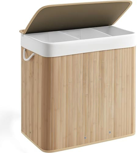 Laundry Basket with Lid, 150L Large Bamboo Laundry Hamper, 3 Compartments Washing Basket with Removable Liner Bag, Clothes Hampers Laundry Bin for Bedroom, Bathroom, Laundry Room, Natural (Natural)