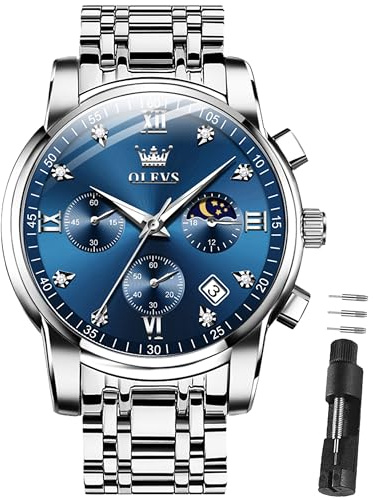 OLEVS Armbanduhr Herren Luxus Quarz Edelstahl Business Chronograph | Uhren Herren 3Bar Wasserdicht 42mm Zifferblatt mit Mondphase Datum Leuchtzeiger klassisch schlicht Geschenk für Männer
