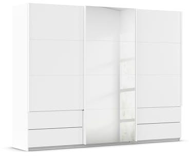 möbelando Schwebetürenschrank Elara 271 cm | Alpinweiß mit Spiegeltür | Großer Kleiderschrank mit 3 Stangen & 5 Böden | Nachhaltig & Made in Germany