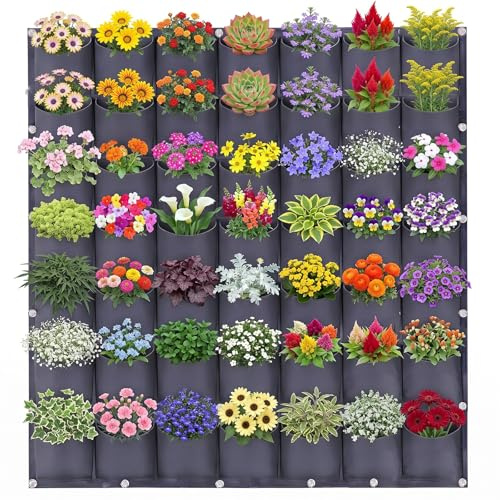 SBLKUY 49 Pockets Garden Vertical Wall Grow Bags, Hanging Planter Bag Gardening Greening Flower Container Plant Pouch Bags for Living Wall Planter Outdoor and Garden Garaged(1m×1m, Black)