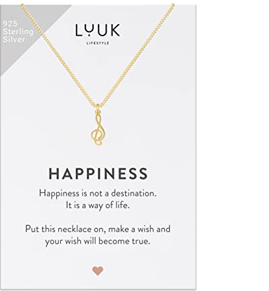 LUUK LIFESTYLE Halskette aus 925er Sterlingsilber mit Musikschlüssel Anhänger und HAPPINESS Karte, Schmuckstück mit Musikmotiv, Geschenkidee für Freundin, Musikfan, Geburtstag, Gold