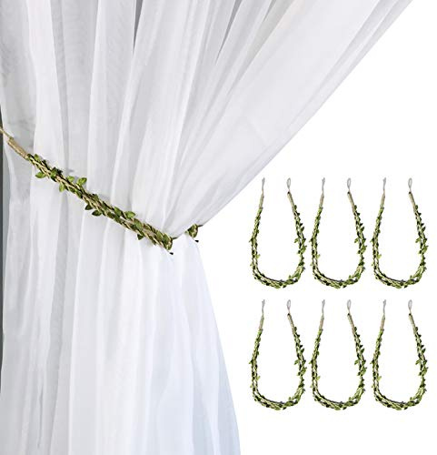 Valea Home Curtain Tiebacks Ropes Natural Burlap Rope Holdbacks with Artificial Vines Fake Foliage Ivy Leaf for Rustic Wedding Party Home Decorative Curtain Holders, Set of 6