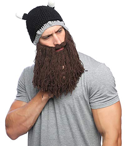 Maibar Warm Winter Hüte Strickmütze Herren Wikinger-Stil Kreativ Handgefertigt Kopfbedeckung Großer Bart Perücke Lustige Mütze Falscher Bart COS Play Party Dekoration Gesichtsmaske (Braun)