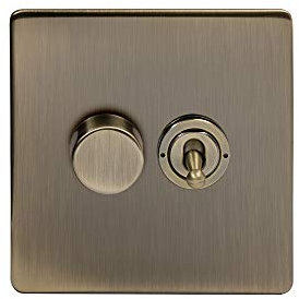 Soho Lighting Antique Brass 2 Gang Dimmer and Toggle Switch Combo (1x150W LED Dimmer 1x20A 2 Way Toggle)