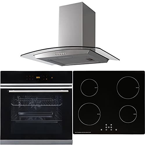 SIA BISO6SS 60cm Black Touch Control 10 Function Single Fan Oven, 4 Zone Induction Hob & Stainless Steel Curved Glass Cooker Hood