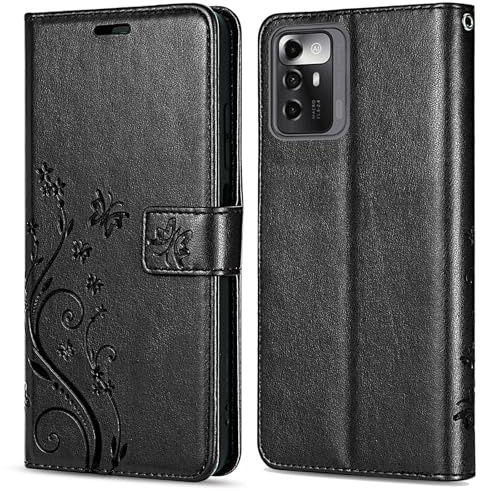 betterfon Hülle Kompatibel mit ZTE Blade V40 Vita | Premium PU Leder Handyhülle Wallet Case für Blade V40 Vita | Schutzhülle Blumen Klapphülle Handyhülle | Schwarz