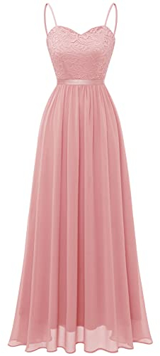 DRESSTELLS Abendkleider Elegant für Hochzeit Rosa Festlich Ballkleid Damen Lang Brautkleid Standesamt Brautjungfernkleider mit Träger Jugendweihe Kleider Dustypink L