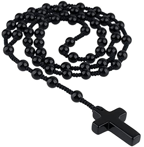 Nupuyai Obsidian Crystal Stone Bead Cross Pendant Necklace for Men Women, Catholic Rosary Hand Knotted Necklace 62cm