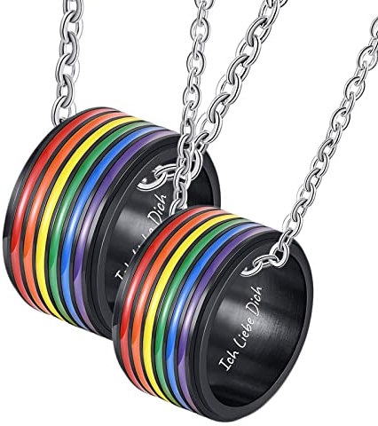 AMDXD Paar Ketten Set Edelstahl mit Gravur Ich Liebe Dich, LGBT mit Regenbogen Emaille Partner Ketten Ringe 2er Ringe Anhänger, Schwarz für Damen Herren, Breite 12MM Länge 60cm/ 50cm