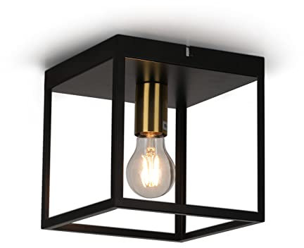 FORCOSO LED Deckenlampe Schwarz 1-flammig - Vintage Quadratisch Deckenleuchte E27 Käfig Moderne Wohnzimmerlampe aus Metall für Schlafzimmer Küche Flur Treppenhaus(Ohne Glühbirne)