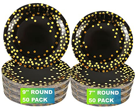 CEILIWEN Platos redondos desechables negros y dorados, paquete de 100 platos de papel de lunares dorados, platos de fiesta de 50 x 9 y 50 x 7, platos de cena, platos de papel de aluminio con lunares