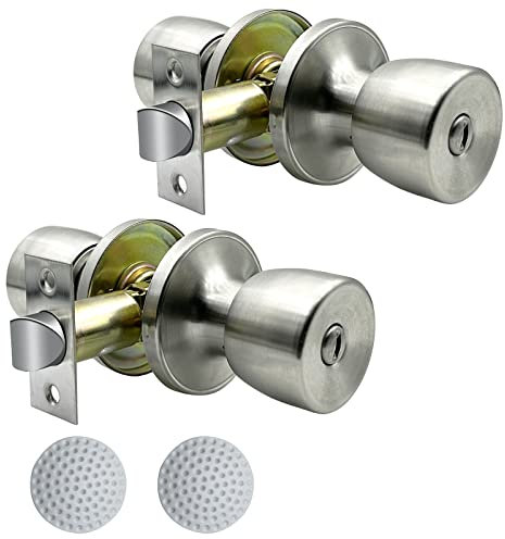 DSJJBLL 2 Pack Door Knob with Lock and Key, Stainless Keyless Round Ball Lock Interior/Exterior Door Knob for Bedroom Or Bathroom (Keyless Stainless 2Pack)