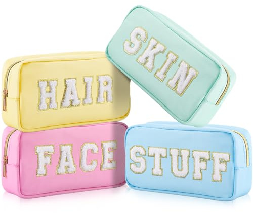Cunno 4 Stück adrette Make-up-Taschen aus Chenille, mit Reißverschluss, für Damen, Reise-Kulturartikel, Pastellfarben, Classic, Lebendig